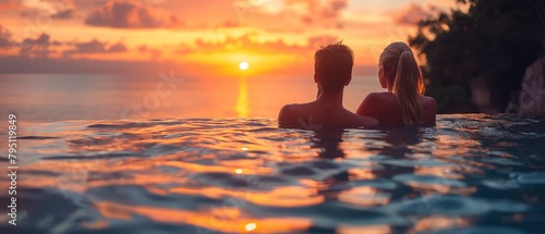 couple lover in infinite pool with romantic sunset scene, Generative Ai  © QuietWord