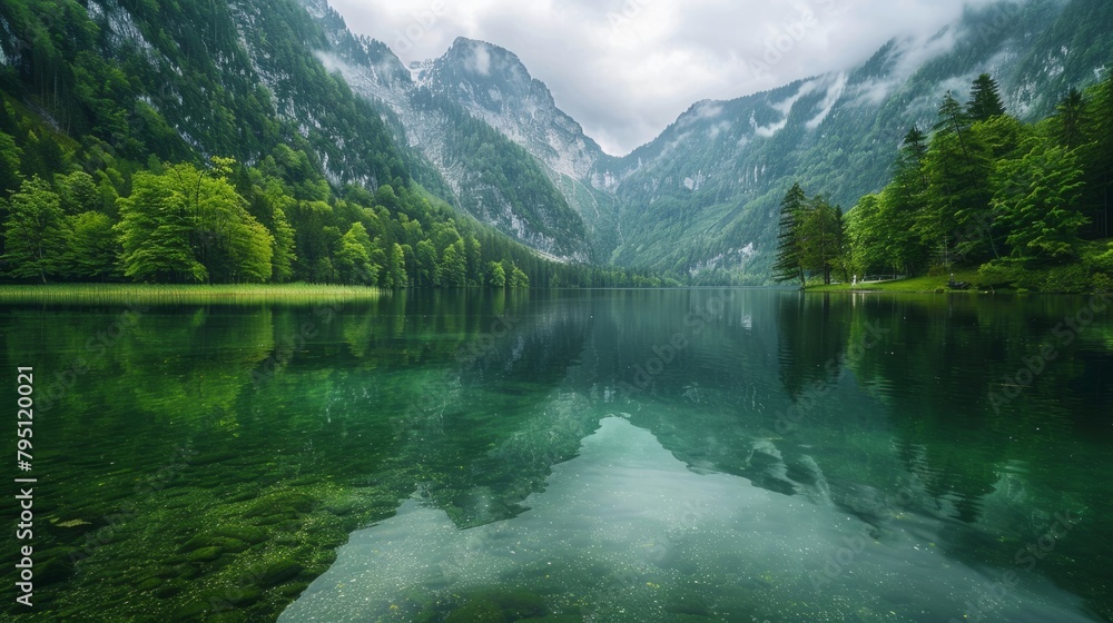 Peaceful lake surrounded by green trees and mountain