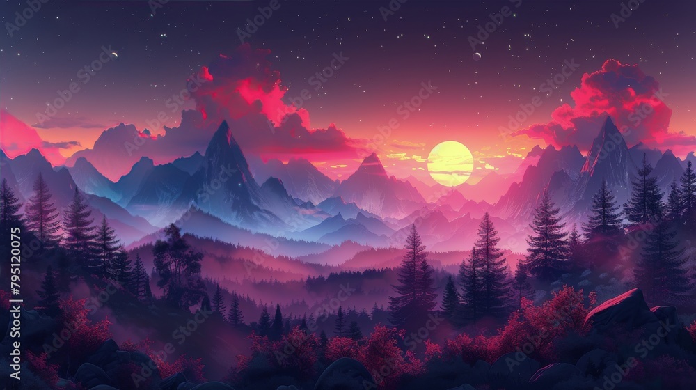 Naklejka premium A Painting of a Sunset With Mountains and Trees