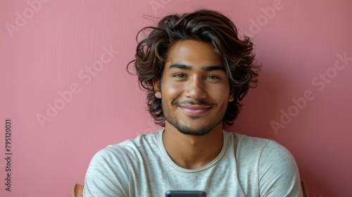 Man With Long Hair and Beard Holding Cell Phone