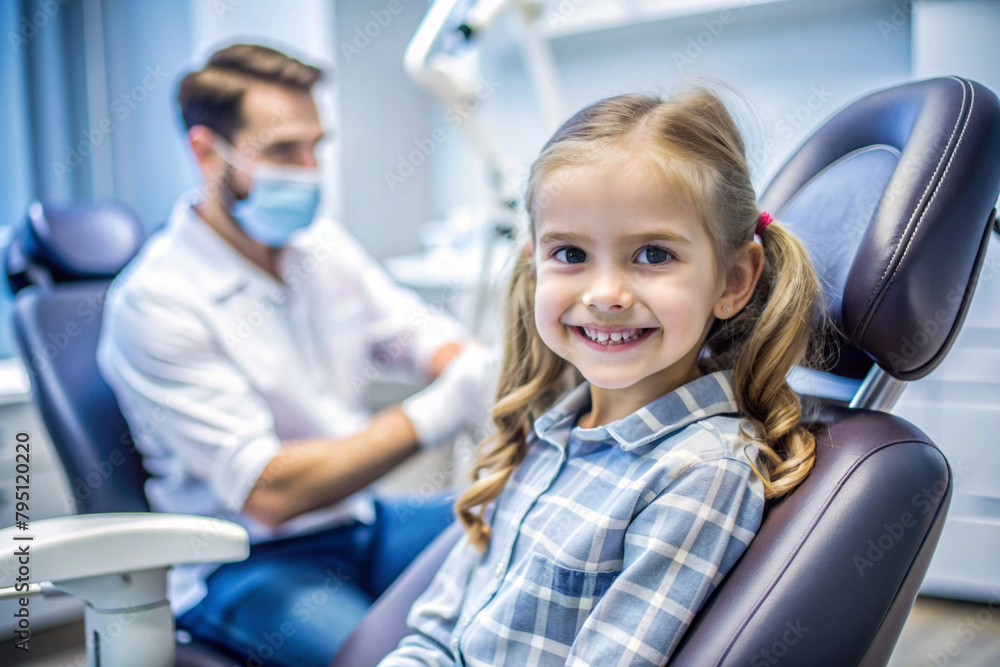 A small child is at a dentist's appointment and is sitting in a dental chair for examination. A small child is at a dentist's appointment and is sitting in a dental chair for examination.