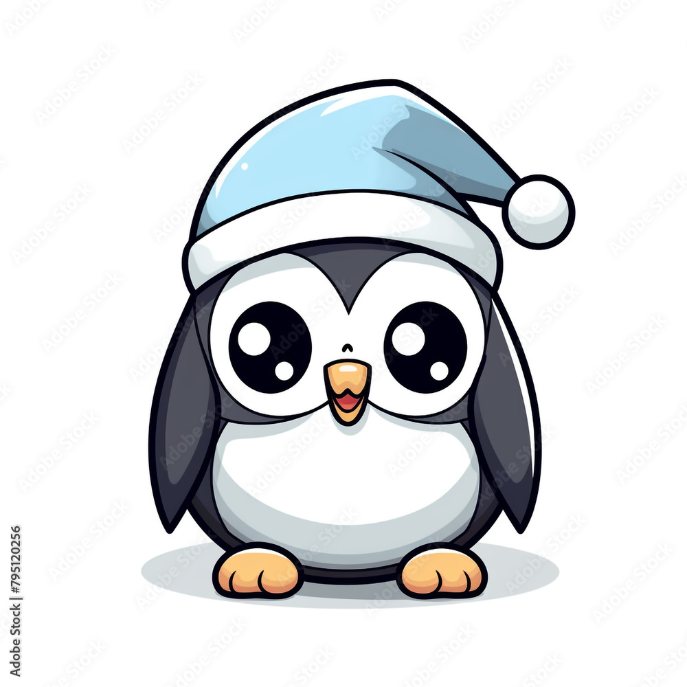 Fototapeta premium clipart kawaii, cute penguine wearing a christmas hat, soft pastel colour scheme, white background сreated with Generative Ai