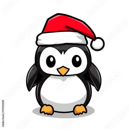 clipart kawaii, cute penguine wearing a christmas hat, soft pastel colour scheme, white background сreated with Generative Ai