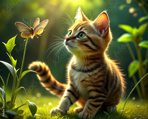 A little kitten plays in the summer sun on the green grass and looks at a butterfly. cute poster and wallpaper