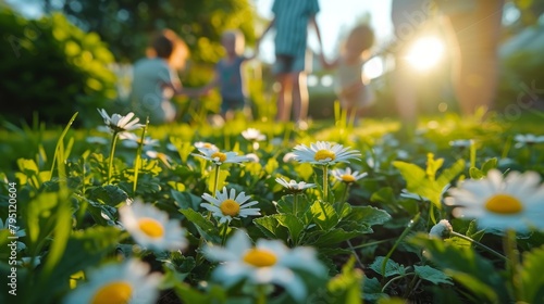 Group Walking Through Field of Daisies