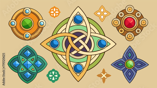 An assortment of intricately detailed Celticinspired brooches adorned with sparkling gemstones and symbolizing centuries of rich history..
