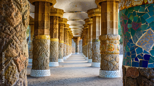 Stone columns arcade in Park Guell Barcelona Spain.  photo