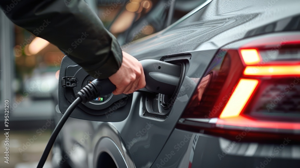 close-up A man in a suit holding power supply cable at electric vehicle charging station,