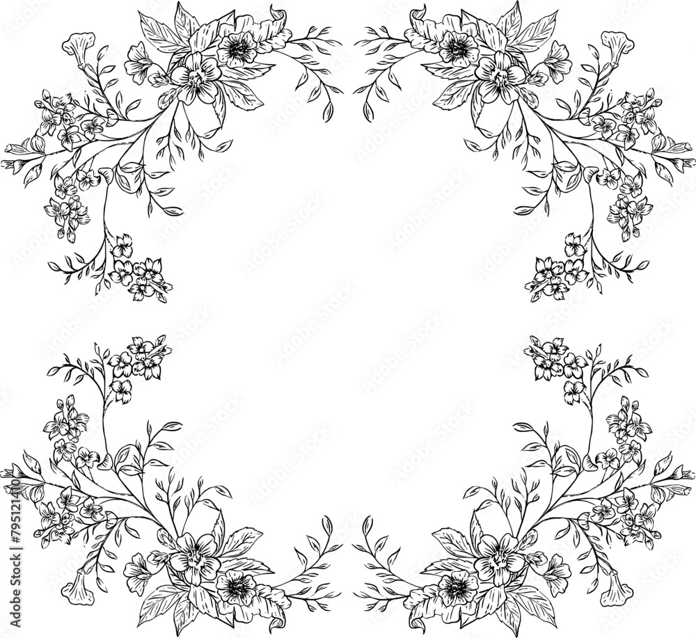 Hand drawn mixed flowers, leaves and branches which creates a square arrangement