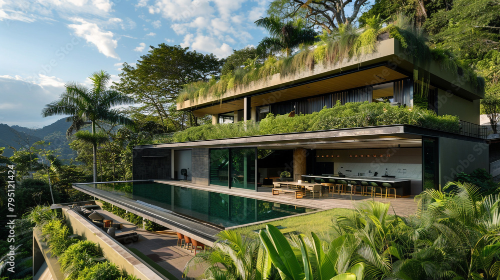 A contemporary house with a green roof and sustainable design features, blending harmoniously with the natural landscape and surrounding vegetation.