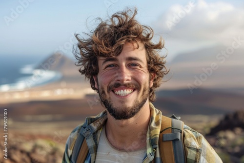 Landscape Person. Handsome brunet with Windy Hair Smiling at Camera with Lanzarote View