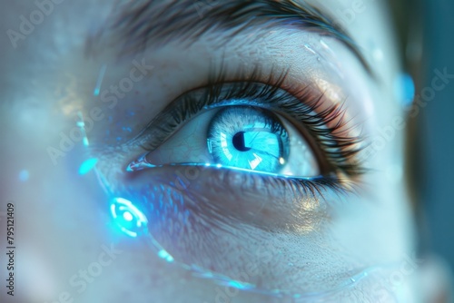 Eyes Vision. Futuristic Woman Cyborg with Blue Light Eye Scan Technology