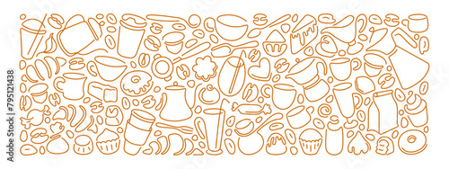 Coffee, tea line design Cup, bean, kettle, dessert
