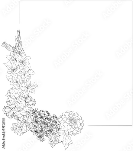 Hand drawn square frame floral arrangement with peony, larkspur, wildflowers leaves and branches