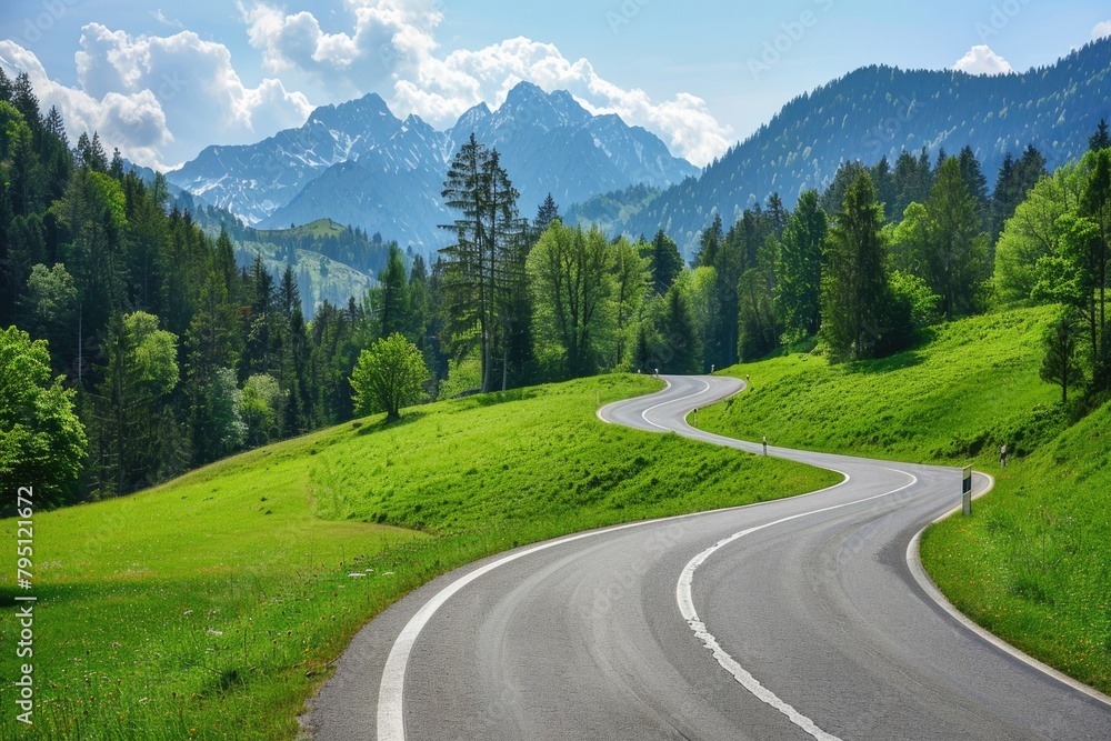 Summer Road in Alpine Nature: Asphalt Tracks through Zigzag Turns with Tree-lined Background