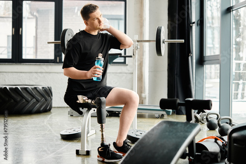 A man with a prosthetic leg sits on a bench, holding a bottle of water.