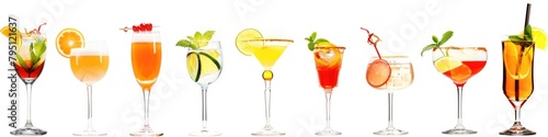 Drink Isolated. Collection of Refreshing Cocktails and Liqueurs in Glasses on White Background