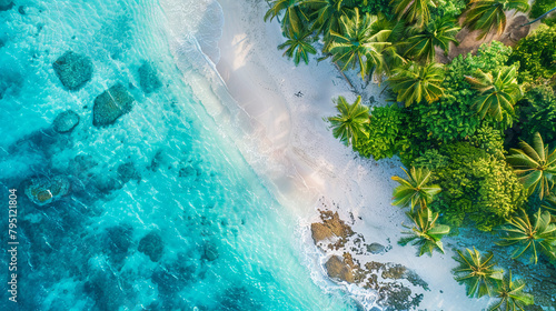 Scenic beach background with tropical palm trees, top view