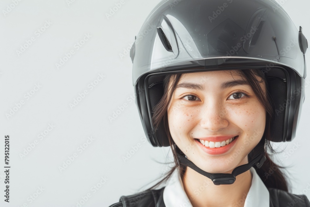 A headshot portrait of a woman model wearing motorcycle helmet looking at the camera isolated on white background shot in a studio. A headshot portrait of a woman model wearing motorcycle helmet looking at the camera isolated on white background shot in a studio.