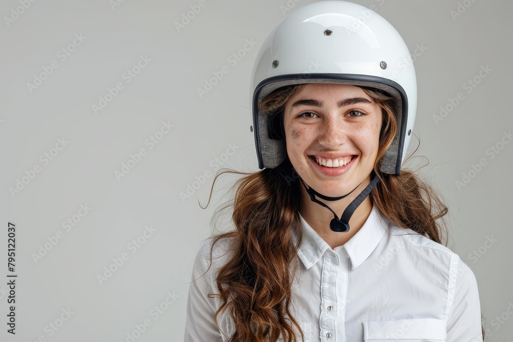 A headshot portrait of a woman model wearing motorcycle helmet looking at the camera isolated on white background shot in a studio. A headshot portrait of a woman model wearing motorcycle helmet looking at the camera isolated on white background shot in a studio.