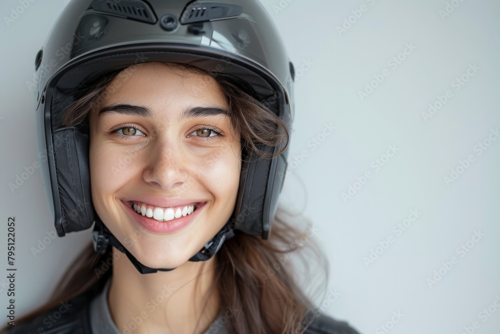A headshot portrait of a woman model wearing motorcycle helmet looking at the camera isolated on white background shot in a studio. A headshot portrait of a woman model wearing motorcycle helmet looking at the camera isolated on white background shot in a studio.