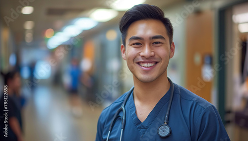 smart medical surgeon portrait in hospital, Portrait of a Male Asian nurse, wearing dark blue Scrubs. blurred hospital background