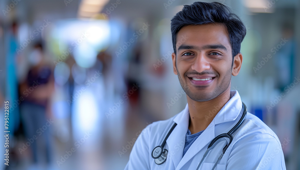 Obraz premium shot of young handsome Indian man doctor with stethoscope, close up, portrait of a smiling doctor, blurred hospital background