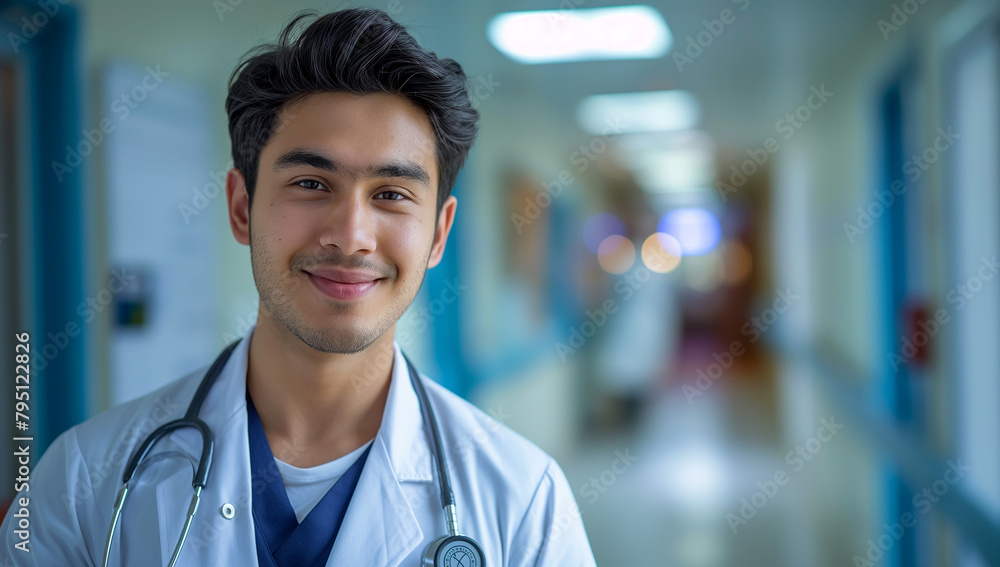 Portrait of young male doctor with stethoscope, close up, portrait of a smiling doctor, blurred hospital background Portrait of young male doctor with stethoscope, close up, portrait of a smiling doctor, blurred hospital background