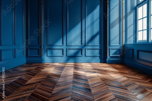 Classic blue and white wall background with copy space in mock up room with brown parquet floor