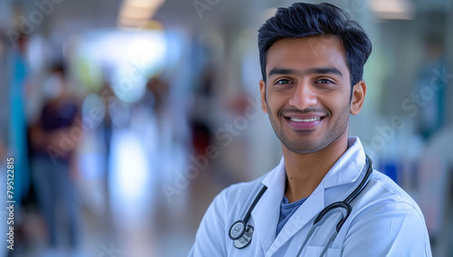 shot of young handsome Indian man doctor with stethoscope, close up, portrait of a smiling doctor, blurred hospital background