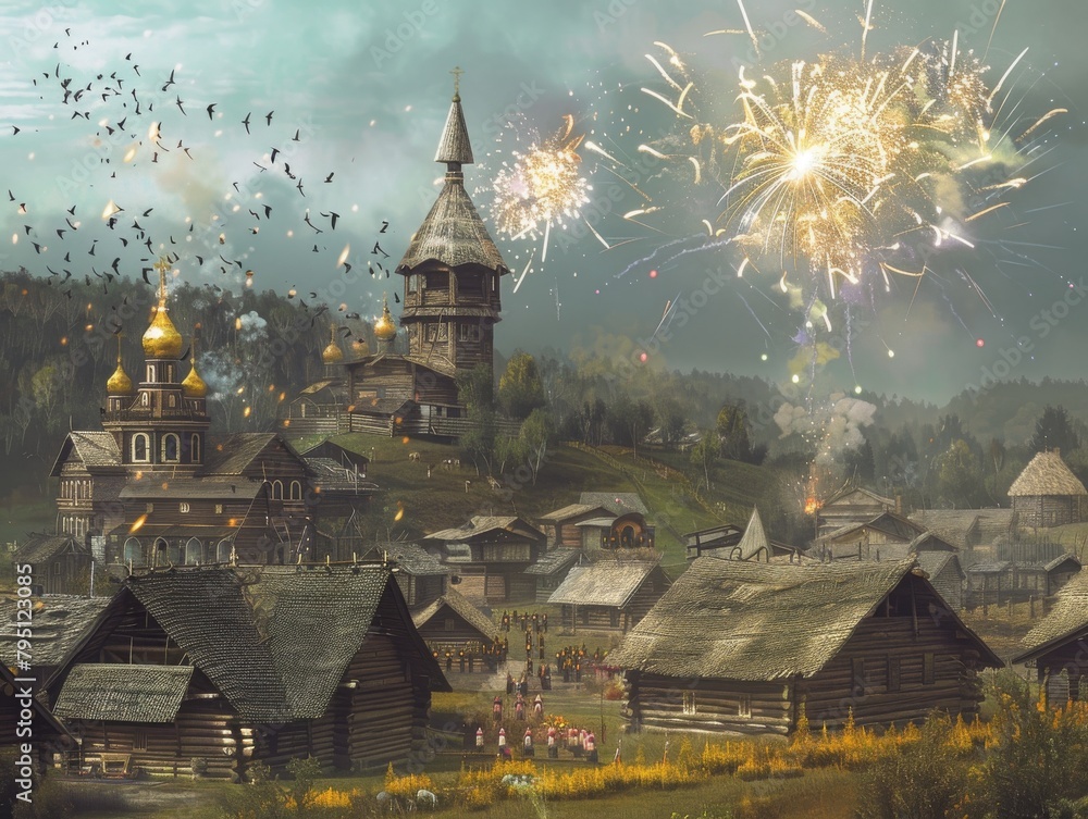 Obraz premium Panoramic View ofCharming Orthodox Village Celebrating Festivities in Nature