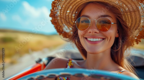 Woman in Car Wearing Sunglasses and Smiling