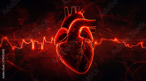 A human heart featuring an electrocardiogram graph set against a stark black background