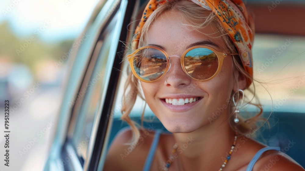Woman Wearing Sunglasses and Bandana Sitting in Car Woman Wearing Sunglasses and Bandana Sitting in Car