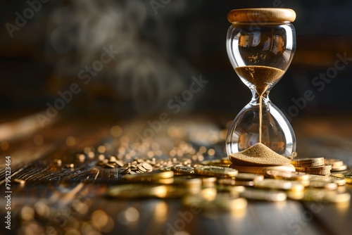 a hourglass with gold sand on top of coins