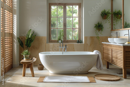 A spa-like bathroom with a freestanding bathtub and teak wood accents.