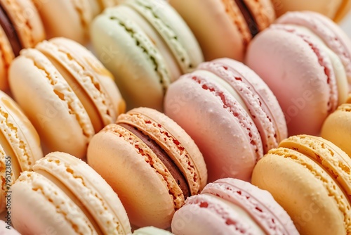 Colorful Macaroons sweet cakes set. Many assorted different pastel colours french macarons cookies. Food banner for menu, boutique, store. Pastry shop card. Copy space. Confectionery, cafe, restaurant