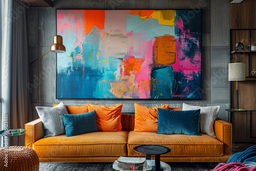 a statement wall with a large-scale abstract painting.