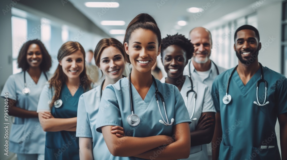 Portrait of a group of happy doctors, nurses, and other medical staff in a hospital. Portrait of a group of happy doctors, nurses, and other medical staff in a hospital.