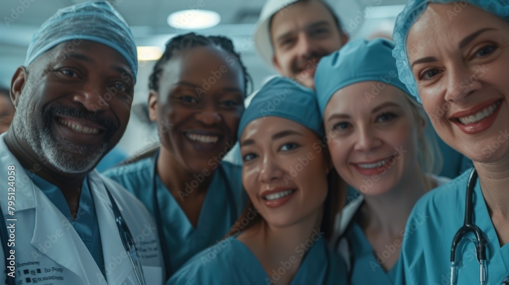 Portrait of a group of happy doctors, nurses, and other medical staff in a hospital. Portrait of a group of happy doctors, nurses, and other medical staff in a hospital.