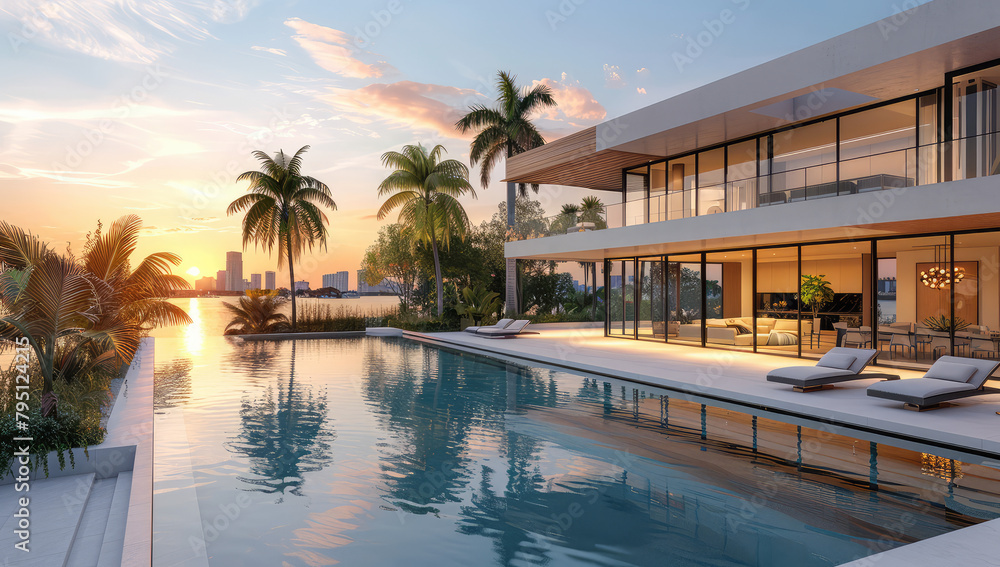 A stunning modern mansion with an infinity pool, palm trees and the Miami city skyline in the background at sunset. Created with Ai