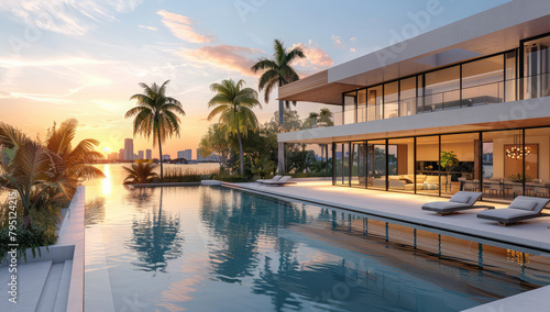 A stunning modern mansion with an infinity pool, palm trees and the Miami city skyline in the background at sunset. Created with Ai © Stock