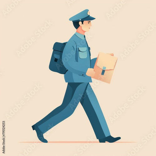 Illustration of Postal Worker in Blue Uniform, Reliable Mail Carrier with Service Cap, Vector Design of Community Mail Service, Flat Concept of Essential Delivery Personnel