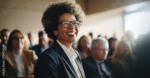 Attendees at a seminar, including a smiling woman with curls and specs photo