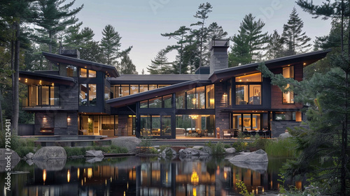 A contemporary house with a dynamic roofline and expansive windows, overlooking a serene lake surrounded by tall pine trees. photo