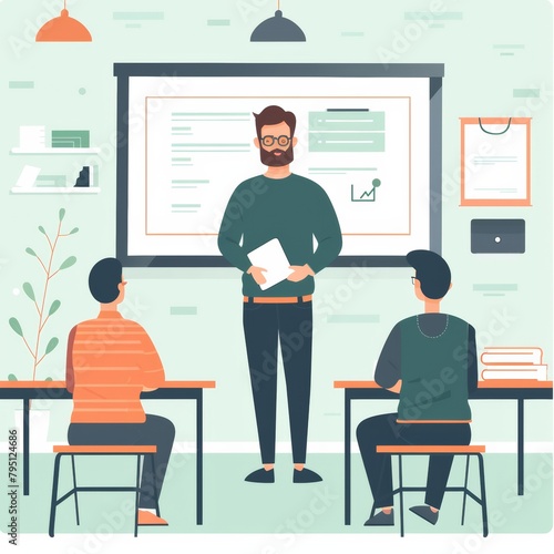 Illustration of Teacher Giving Lecture on Data Analysis, Academic Classroom Education, Vector Design of Professional Educator with Students