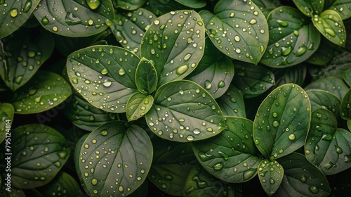 Fresh Green Leaves Covered in Water Droplets