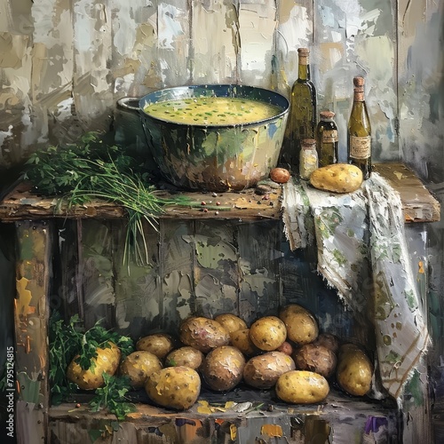 Oil painting of kitchen table with vegetables and food, tomatoes, AI generated