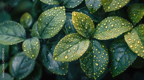 Green Leaves Covered in Water Drops