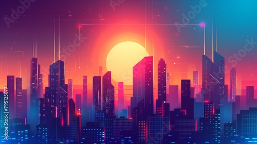 Illustration of Futuristic City at Sunrise  Vibrant Urban Skyline  Neon Colors in Digital Art  Vector Concept of High-Tech Metropolis